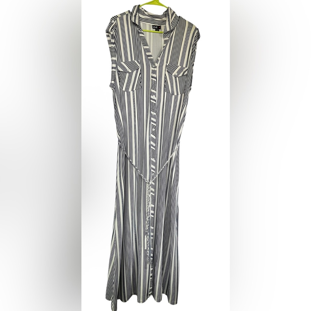 Women's Black White Striped Sleeveless Maxi Shirt Dress Button Front Belted 4XL
